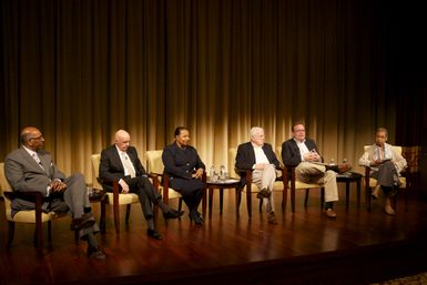 A Path to Equality: The Impact of the Civil Rights Acts of the 1960s; from left to right: Michael Steele, former Chairman of the Republican National Committee and Lieutenant Governor of Maryland; Jim Jones, former Chief of Staff to President Johnson, Congressman, and Ambassador to Mexico; Carol Moseley Braun, former Senator and Ambassador to New Zealand and Samoa; Charles Ferris, former Chairman of the FCC; moderator Todd Purdum, writer at Politico; and Eleanor Holmes Norton, Congresswoman for the District of Columbia