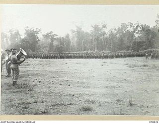 BOUGAINVILLE ISLAND. 1945-01-30. TROOPS OF HEADQUARTERS, 15TH INFANTRY BRIGADE ON PARADE FOR AN INSPECTION BY THE GENERAL OFFICER COMAMNDING, 2ND AUSTRALIAN CORPS
