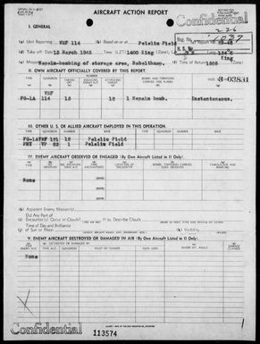 VMF-114 - ACA rep #29-45 â Napalm bombing & strafing of storage area on Babelthuap Is, Palau Is on 3/13/45