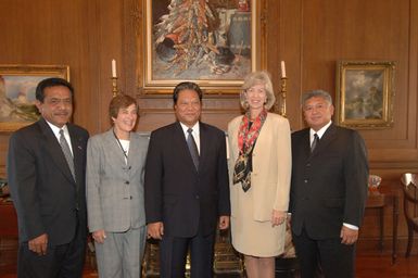 Marshall Islands President Kessai Note, third from left, and Secretary Gale Norton, fourth from left, during Marshalls Presidential delegation visit to Department of Interior headquarters. Photograph was selected for use in preparation of Department of Interior video on the Norton tenure