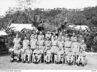Port Moresby, Papua. 1944-08-08. Group portrait of Officers of 128th Australian General Hospital. Left to right: Back row: NX164797 Lieutenant (LT) R. B. Stevens; VX138663 Captain (Capt) C. L. ..