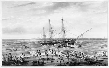 Sainson, Louis Auguste de, b. 1801 :La corvette l'Astrolabe en perdition sur des recifs. (Tonga-Tabou). A St Aulaire lith., V. Adam; de Sainson pinx. [1833]