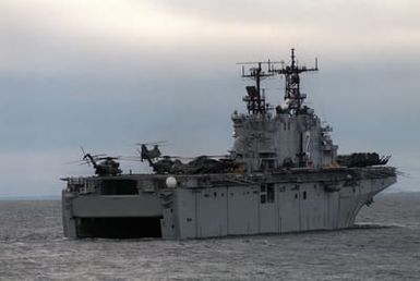 A starboard quarter view of the amphibious assault ship USS SAIPAN (LHA-2) during NATO exercise Northern Wedding '96