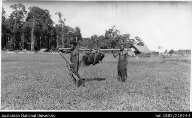 Two men, one holding a rifle, carrying a load on a pole between them