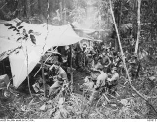 GOODVIEW, NEW GUINEA. 1943-08-11. COOKHOUSE OF THE 2/7TH BATTALION. SHOWN ARE:- VX16301 PRIVATE (PTE) R. HEADFORD (1); VX36219 SERGEANT A. E. HAYNES (2); NX100889 SIGNALLER L. M. WRIGHT (3); ..