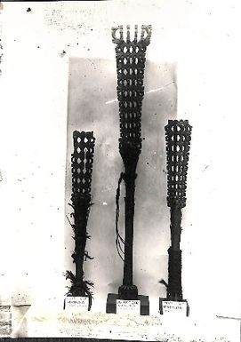 Photo of three wooden pieces, each labelled 'District God; Mangaia. Harvey Group'  (XIX/44)