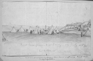 Scrivener, Henry Ambrose, 1842-1906 :First encampment at Drury. 17 July 1863. Naval encampment of landing party from HMS Harrier... 1863.