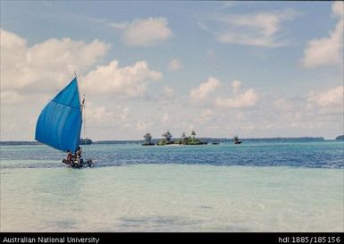 Sailing from Wabunun to Guasopa aboard Sunguma, an outrigger canoe, accompanied by a smaller canoe. 17 June 1990. See Notebook p.33