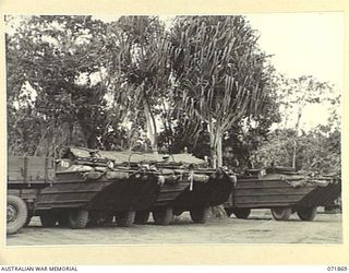 LAE, NEW GUINEA. 1944-03-30. DUKWS (LANDING CRAFT, MECHANIZED), AT AMPHIBIOUS PLATOON, 151ST GENERAL TRANSPORT COMPANY, THE FIRST UNIT OF THE AUSTRALIAN MILITARY FORCES TO BE ISSUED WITH THE ..