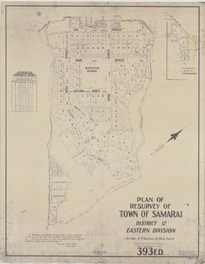 Plan of resurvey of town of Samarai, District 12, Eastern Division / drawn by L. Clout, 29.4.47 ; examined by B.T. Webb, 12.6.47 ; B.J. Webb, surveyor