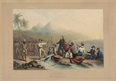 The reception of the Rev. J. Williams at Tanna in the South Seas, the day before he was massacred / printed in oil colours by the patentee, G. Baxter