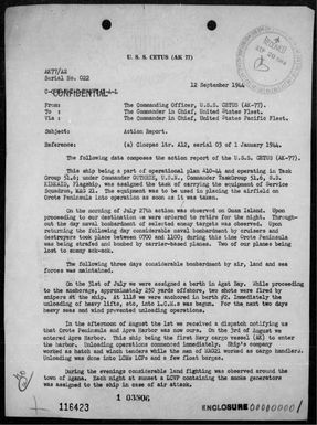 USS Cetus - Rep of ops at Guam Is, Marianas, 7/27/44 - 8/9/44