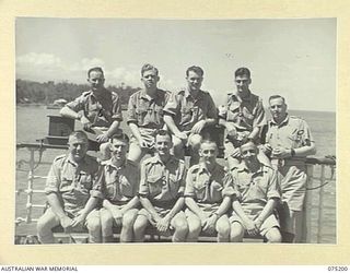 LAE, NEW GUINEA. 1944-08-14. SENIOR NON COMMISSIONED OFFICERS ON THE STAFF OF THE 2/1ST HOSPITAL SHIP, "MANUNDA" ABOARD THEIR VESSEL AFTER THEIR TRIP FROM PORT MORESBY. IDENTIFIED PERSONNEL ARE:- ..