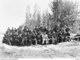 Motupina Point Area, Bougainville Island. 1945-01-20. Personnel of Headquarters Troop, No. 5 Battery, 2nd Field Regiment. Identified: NX92537 Gunner (Gnr) J. B. Warby (1); unidentified (2); VX69705 ..