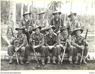 MADANG, NEW GUINEA. 1944-07-08. PERSONNEL OF NO. 6 PLATOON, HEADQUARTERS COMPANY, 24TH INFANTRY BATTALION. IDENTIFIED PERSONNEL ARE:- SERGEANT J. BROWN (1); PRIVATE W. BOULTON (2); VX104154 ..