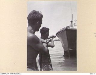 BORAM, NEW GUINEA. 1945-10-19. CORPORAL F.R. HOWART (1) AND PRIVATE R.W. TRELOAR (2) MEMBERS OF 43 LANDING CRAFT COMPANY, LEND A HAND TO PULL IN THE FAST SUPPLY LAUNCH WHICH IS USED FOR CARRYING ..