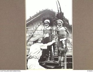 1943-04-14. NEW GUINEA. LIEUTENANT G. WILLS MEETS TWO CHIMBU TRIBE SUB CHIEFS WHO CAME DOWN FROM THE CENTRE OF NEW GUINEA TO THE COAST. THEIR DRESS IS VERY COLOURFUL. THE HEAD PIECE IS MADE UP OF ..