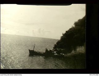 Bismarck Sea. 1943-03-03. A Japanese transport vessel on fire after attack by Beaufighter aircraft of No. 30 Squadron RAAF during the Battle of the Bismarck Sea fought about 40 miles north west of ..