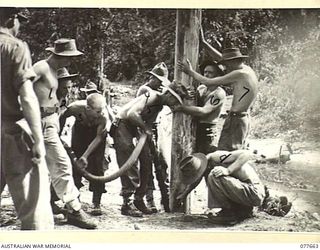 JACQUINOT BAY, NEW BRITAIN. 1944-12-11. SAPPERS OF THE 13TH FIELD COMPANY, USING A SUMP PUMP TO SINK A PILE FOR A NEW BRIDGE ACROSS A CREEK. IDENTIFIED PERSONNEL ARE:- CORPORAL DARTNELL (2); SAPPER ..