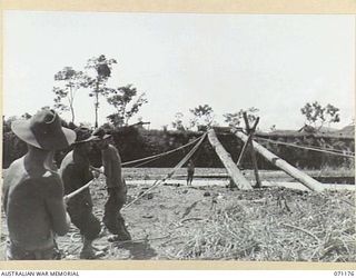 EVAPIA RIVER, NEW GUINEA, 1944-03-15. TROOPS FROM THE 2/4TH FIELD COMPANY, ROYAL AUSTRALIAN ENGINEERS RIG GEAR AND TACKLE TO ERECT THE LARGE MAIN SUPPORT FOR THE SUSPENSION BRIDGE ACROSS THE EVAPIA ..