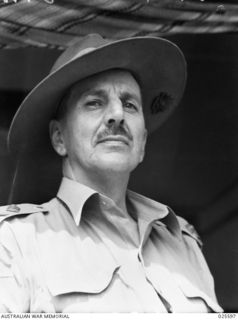 PORT MORESBY, PAPUA. 1942-07. THE FIGHTING FACE OF THE LEADER OF AUSTRALIAN TROOPS IN NEW GUINEA, MAJOR-GENERAL B.M. MORRIS. GENERAL OFFICER COMMANDING NEW GUINEA FORCE