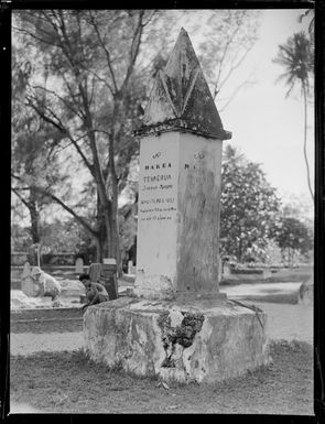 SMS Church, now known as Cook Island Christian Church (CICC), Avarua, Rarotonga, Cook Islands, shows gravestone of Makea Tevaerua