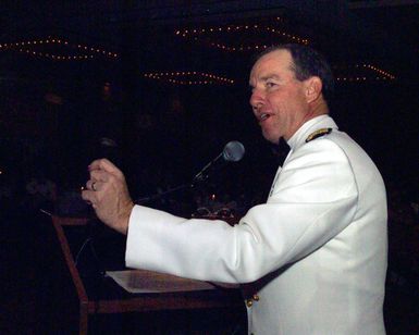 Special guest US Navy (USN) Admiral (ADM) Thomas B. Fargo, thanks the US Marine Corps (USMC) personnel attending for their continued support and legacy on the battlefield, at the USMC Officer Ball, celebrating the 228th anniversary of the founding of the Marine Corps