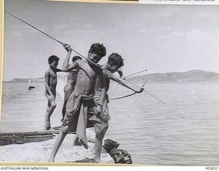 PORT MORESBY - YOUNG PAPUAN NATIVE BOYS FISHING WITH SPEAR, BOW AND ARROW. RAAF SURVEY FLIGHT. (NEGATIVE BY N. TRACY)