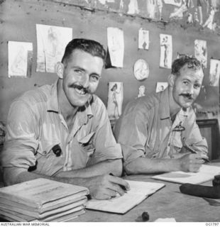 MOMOTE, LOS NEGROS ISLAND, ADMIRALTY ISLANDS. C. 1944-04. FLIGHT SERGEANT WILLIAM J. NUGENT OF HERMIDALE, NSW (LEFT), AND PILOT OFFICER JAMES STEWARD OF BALMORAL, OF NO. 76 (KITTYHAWK) SQUADRON ..