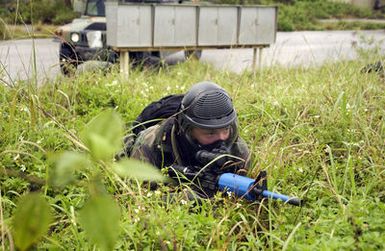 U.S. Air Force SENIOR Airmen John Miller assigned to the 613th Security Forces Squadron, 613th Contingency Response Group, 36th Air Expeditionary Wing, is armed with an M4 Training Weapon and wears a paintball protective face mask, during a convoy training exercise held at Andersen Air Force Base, Guam, on September 7, 2004. Members of the 613th Security Forces Squadron are training with Sim-munition rounds, which are a detergent, based 9mm round fired through a modified M4 carbine receiver. This gives a more realistic training environment as the rounds travel 400ft a second leaving a small color marking when a target is hit. (U.S. Air Force PHOTO by STAFF SGT. Bennie J. Davis III)...