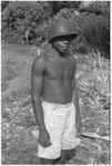 Man wearing World War II helmet