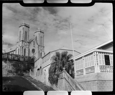 View of houses and St Joseph's Cathedral, Noumea, New Caledonia