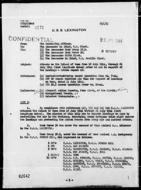 USS LEXINGTON - Report of Attacks on Guam Island, Marianas, from 7/18/44 thru 7/21/44 prior to and in Support of landing Operations