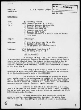 USS COGSWELL - Report of Minor Shore Bombardment of Guam Is, Marianas on 7/5/44