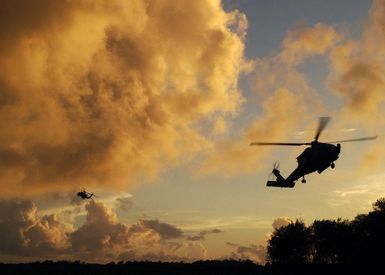 Two US Navy (USN) H/SH-60F/H helicopters, from Helicopter Anti-Submarine Squadron 2 (HS-2, Golden Falcons), Carrier Air Wing (CVW) 2, and Helicopter Anti-Submarine Squadron 14 (HS-14, Chargers), CVW 5, both embarked onboard the USN Nimitz Class aircraft carrier, USS ABRAHAM LINCOLN (CVN 72), prepare to land at US Air Force (USAF) Andersen Air Force Base (AFB), Guam (GU), after participating in a full day of simulated strike warfare missions conducted during Exercise VALIANT SHIELD 2006. This joint US military service exercise is held in the Pacific and is designed to test how well the four US military services and the US Coast Guard (USCG) work together in several simulated real-life events