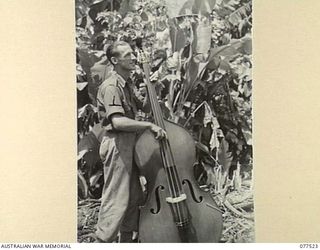BOUGAINVILLE ISLAND. 1944-12-07. T22111 STAFF SERGEANT N. JUDD OF THE "TASMANIACS" - THE TASMANIA LINES OF COMMUNICATION CONCERT PARTY PRACTICING HIS BASS FIDDLE IN A JUNGLE CLEARING