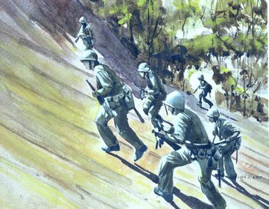 Artwork: "Charge of the Seabees, Guam" Artist: Louis J. Kaep, #30. Courtesy U.S. Navy Combat Art Center