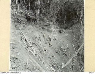 ZENAG, NEW GUINEA, 1944-02-28. SIXTY MILES FROM WAU ON THE ROAD ADJACENT TO THE WAMPIT RIVER. THE SIZE OF THE EMBANKMENT CAN BE JUDGED BY COMPARISON WITH THE FIGURES IN THE BACKGROUND