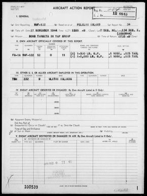 VMF-122 - ACA Rep Nos 34-36 - Bombing & Strafing Targets in the Yap Area, Caroline & in the Palau Is 11/27 & 28/44