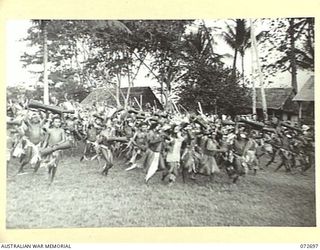 HIGITURA, NEW GUINEA. 1944-04-27. NATIVES PERFORMING A DANCE CEREMONY AT THE HEADQUARTERS OF THE MAMBARE DISTRICT OFFICER, AUSTRALIAN NEW GUINEA ADMINISTRATIVE UNIT IN HONOUR OF THE VISIT TO THE ..