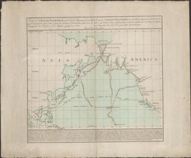 Carte de l' Océan Pacifique au Nord de l'Equateur, et des Côtes qui le bornent des deux côtés : d'après les dernieres Découvertes faites par les Espagnols, les Russes et les Anglois, jusqu'en 1780 = Charte des Stillen Weltmeers im Nordlichen Aequator und der Küsten die es auf beiden Seiten einschraenken: nach den neuesten, von den Spaniern, Russen und Engellaendern bis 1780 gemachten Entdeckungen