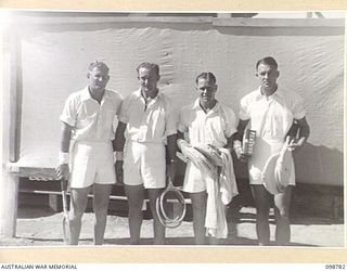 TOROKINA, BOUGAINVILLE. 1945-11-17. EXHIBITION PLAYERS WHO TOOK PART IN AN EXHIBITION TENNIS MATCH PLAYED ON A TENNIS COURT AT 28 LINES OF COMMUNICATION AREA SALVAGE UNIT, HEADQUARTERS 3 DIVISION. ..