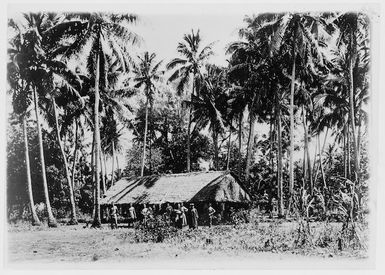 House amongst palm trees, and local people alongside, Mauke, Cook Islands, during the visit of Charles Houghton Mills