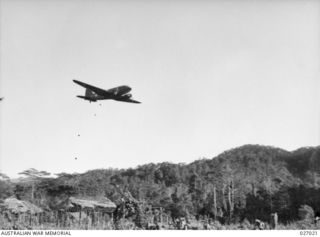 PAPUA, NEW GUINEA. 1942-10. TRANSPORT PLANE OF THE UNITED STATES AIR FORCE DROPPING FOOD SUPPLIES ON A CLEARED SPACE AT NAURO VILLAGE DURING THE ADVANCE OF THE 25TH AUSTRALIAN INFANTRY BRIGADE OVER ..