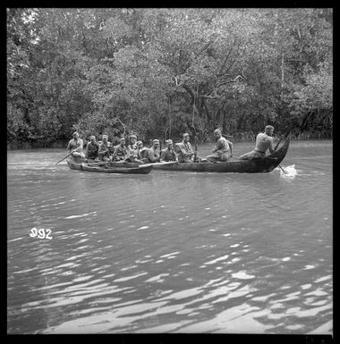 New Zealand, World War 2 troops, using canoes for transportation on Vella Lavella, Solomon Islands