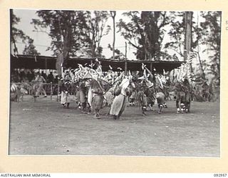 TOROKINA, BOUGAINVILLE. 1945-06-10. NATIVE SING-SING AT THE WEBB ROAD COMPOUND ON THE NUMA NUMA TRAIL WHICH WAS ATTENDED BY A LARGE NUMBER OF TROOPS. THE NATIVES PARTICIPATING ARE ATTACHED TO ..