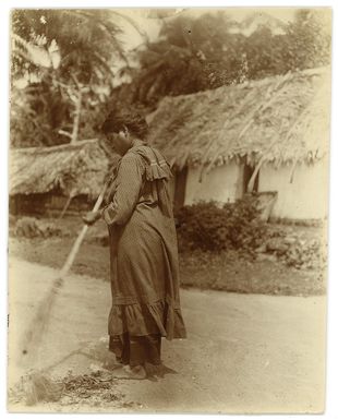 Woman sweeping at Itu'mut, Rotuma