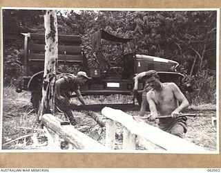 DREGER HARBOUR, NEW GUINEA. 1943-12-05. 13034028 CORPORAL R. C. MCCLELLAN (WITH AXE) AND 39183808 STAFF SERGEANT E. A. TREVARROW, BOTH OF THE 340TH UNITED STATES FIGHTER SQUADRON, BUILDING A BASE ..