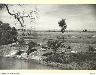 DALLMAN RIVER, NEW GUINEA,1944-02-21. "SHANTY TOWN", CAMP SITE OF THE 30TH INFANTRY BATTALION RESTING AT THE DALLMAN RIVER