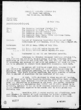 COMDESDIV 2 - Rep of Underwater Demolition Missions & Night Bombardment of Asan Beaches, Guam Is, Marianas on 7/18-19/44